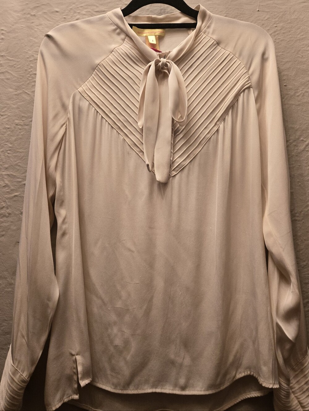 Catherine Malandrino Champagne Silk Blend Pleated Tie Neck Blouse Size 2